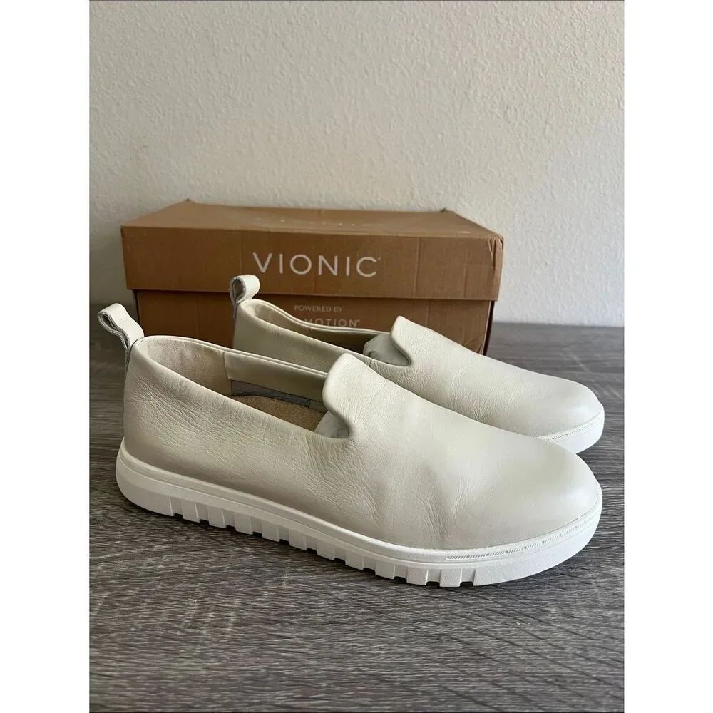 Vionic White Leather Slip On Comfort Sneakers Orthotic Arch Support Shoes 7
